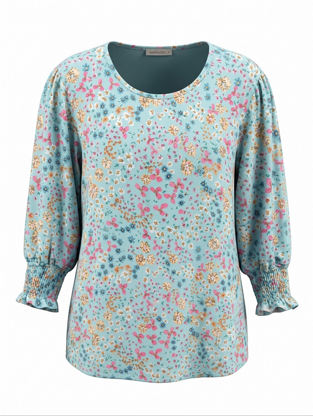 Fantaslook Light Blue Floral Puff-Sleeve Women's, Knit, 3/4 Sleeve, Plus 2X